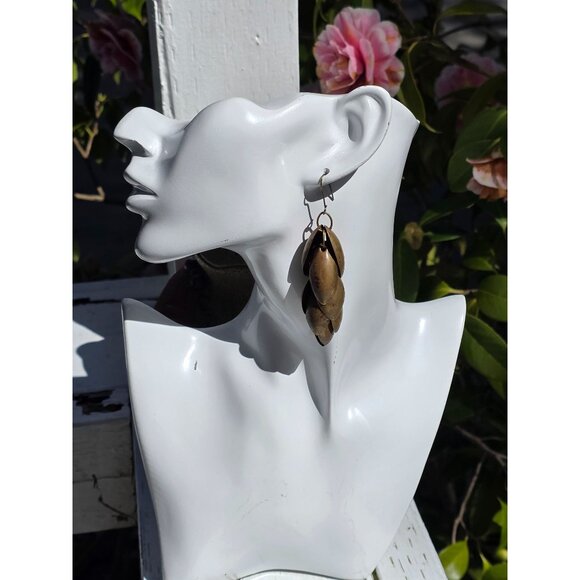 Antique Brass Petal Dangle Earrings With Fishhook Closure - Picture 6 of 6